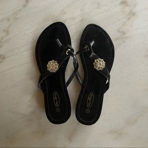 Embellished black patent flip flops